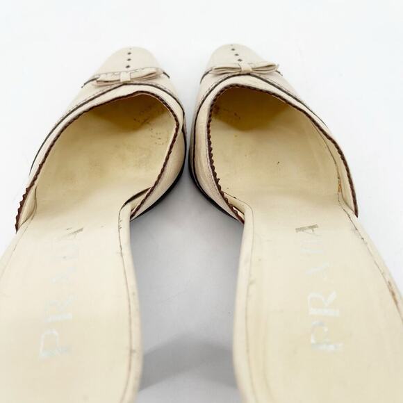 Vintage Prada Beige Neutral Leather Bow Pointed Toe Slide Mules Heels IT 36 - Picture 10 of 12